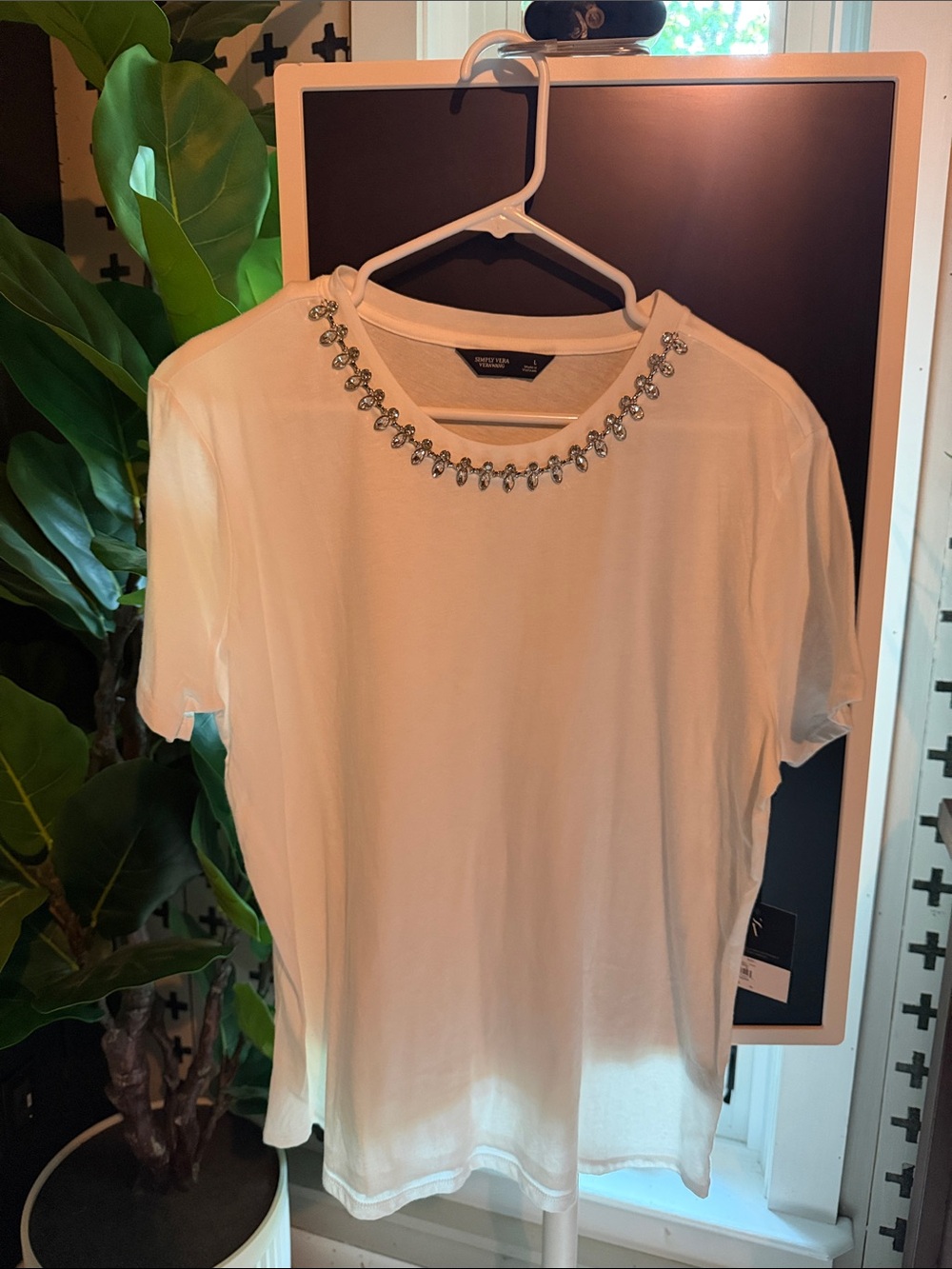 Simply Vera Vera Wang White Short Sleeve Tee with Crystal-Trim Crew Neck